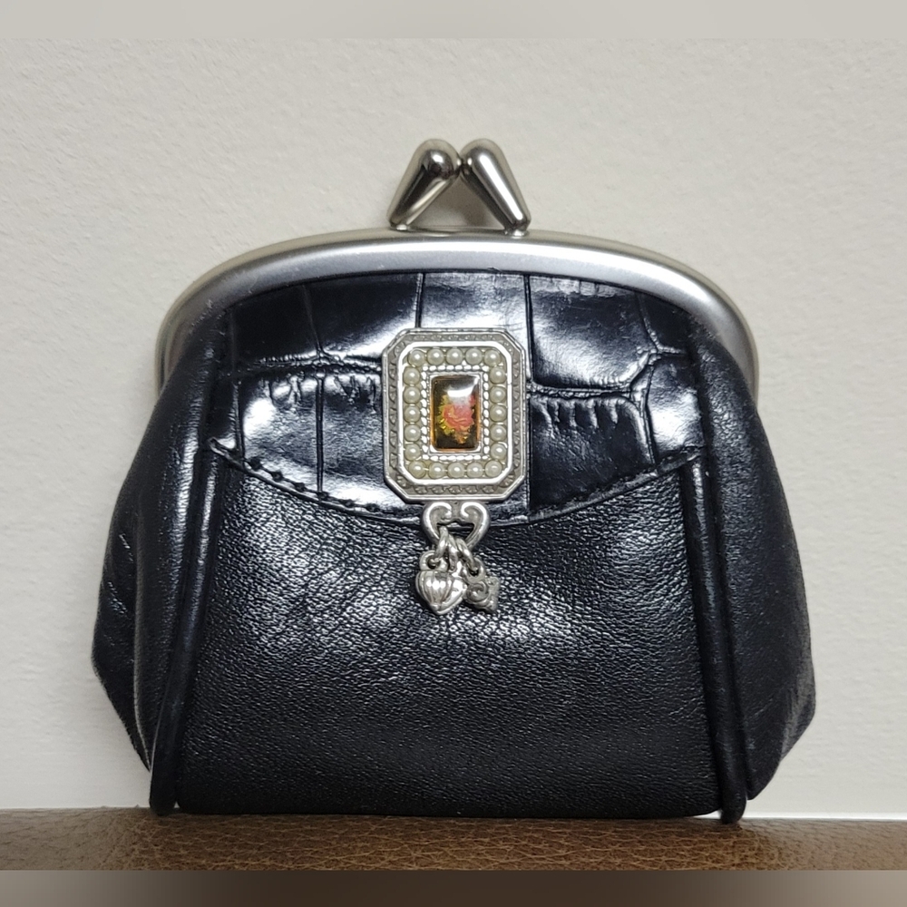 Vintage Brighton Black Leather Croc Framed Kisslock Coin Purse Pouch!
